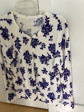 Charter Club white cardigan with purple overlay flowers.